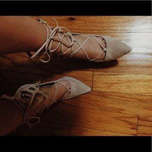 Lulu’s nude lace up pointed toe heels